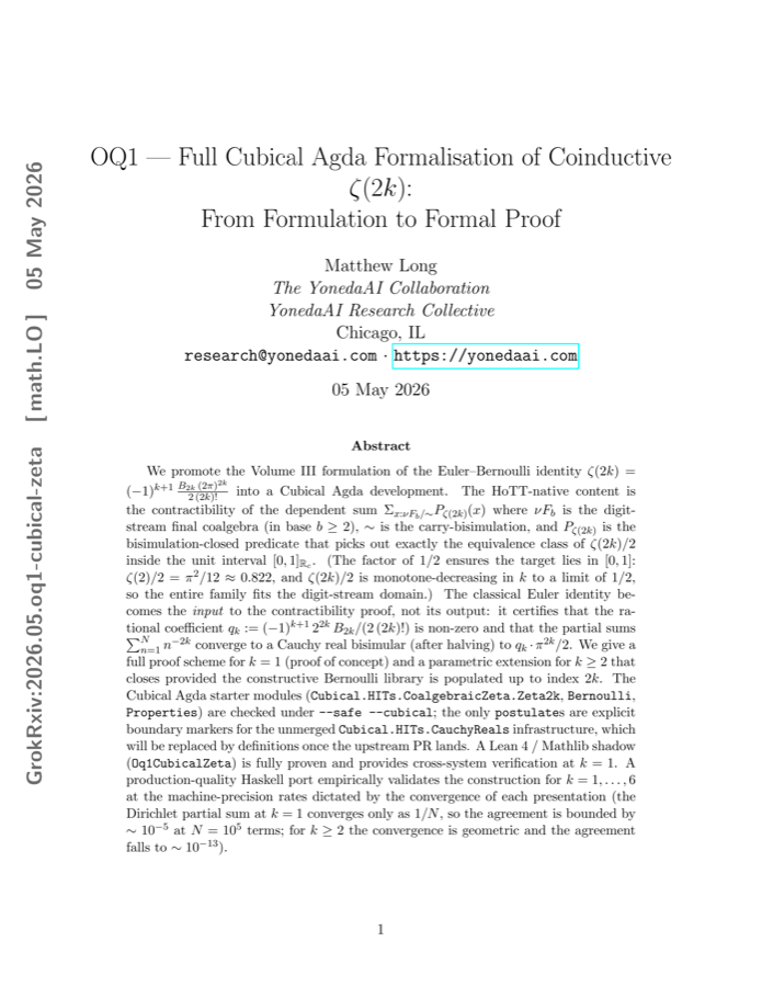 Full Cubical Agda Formalisation of Coinductive ζ(2k)